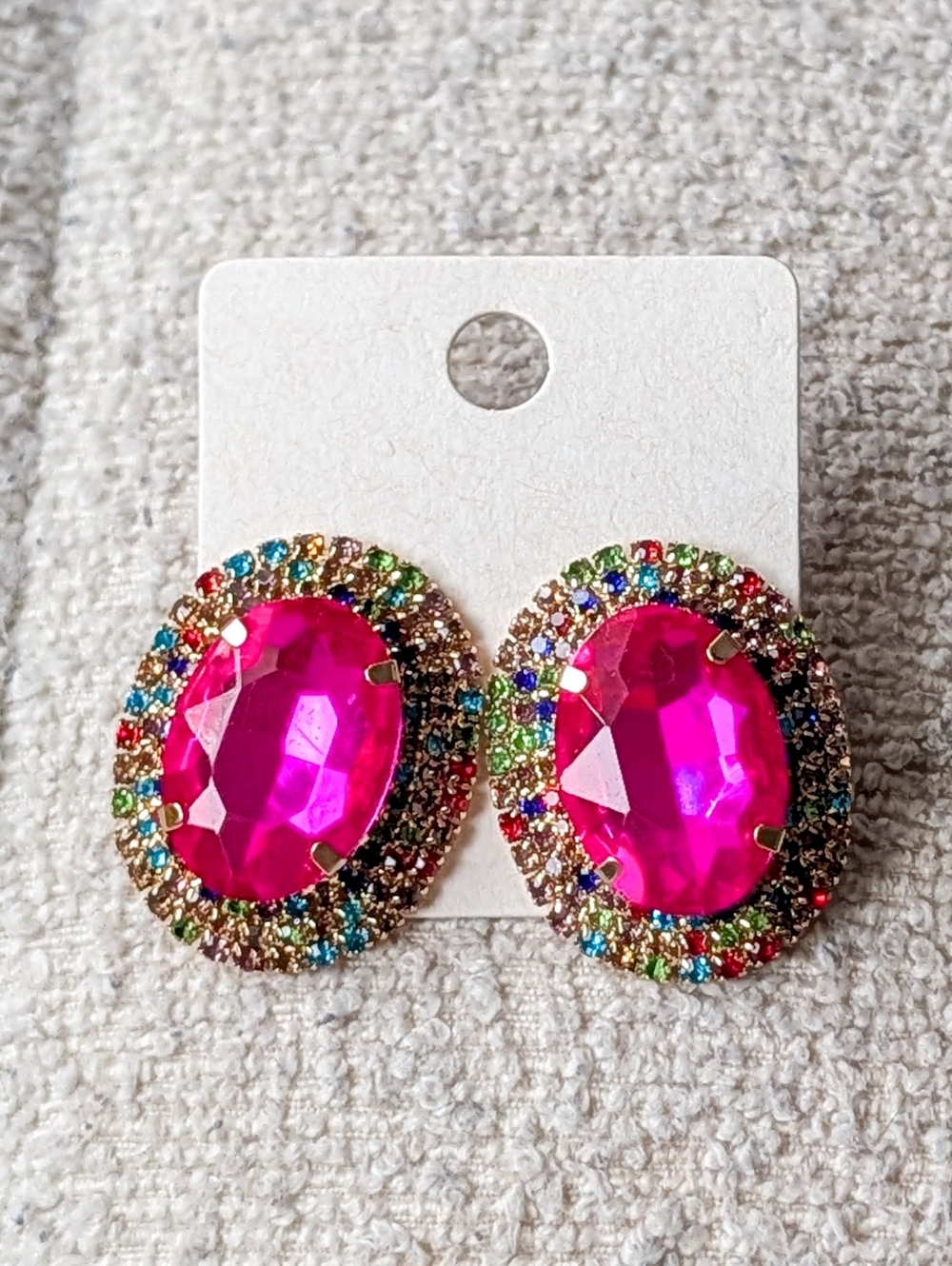 Hot Pink Oval Crystal Stud Earrings with Multicolor Halo